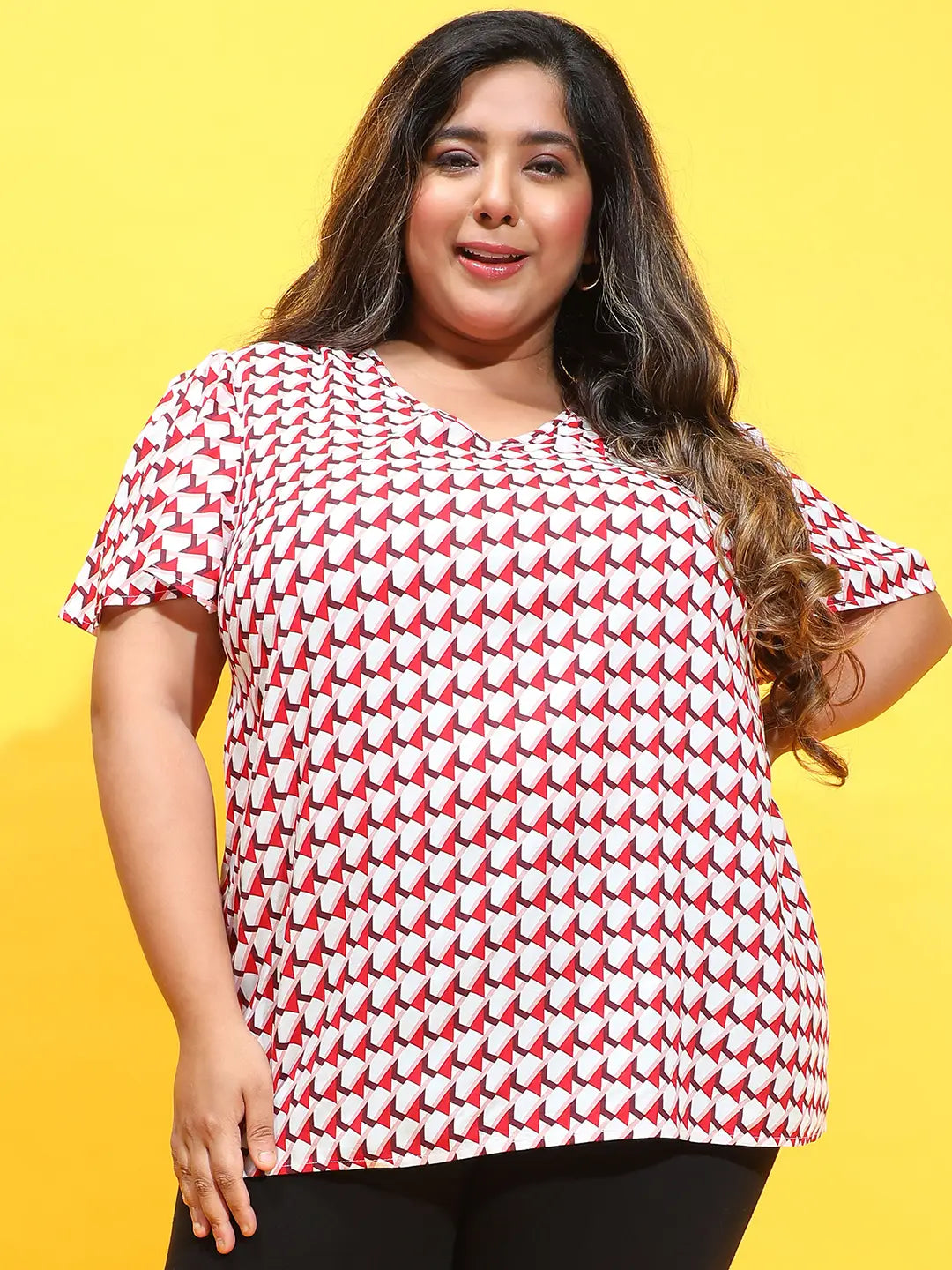 Gloss Red Check Print Short Sleeve Plus Size Top