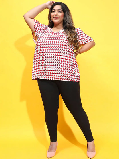 Gloss Red Check Print Short Sleeve Plus Size Top