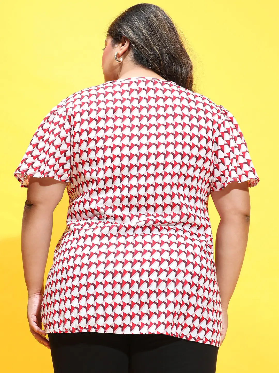 Gloss Red Check Print Short Sleeve Plus Size Top