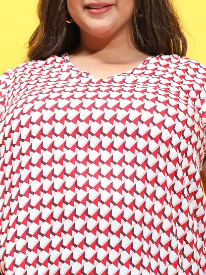 Gloss Red Check Print Short Sleeve Plus Size Top