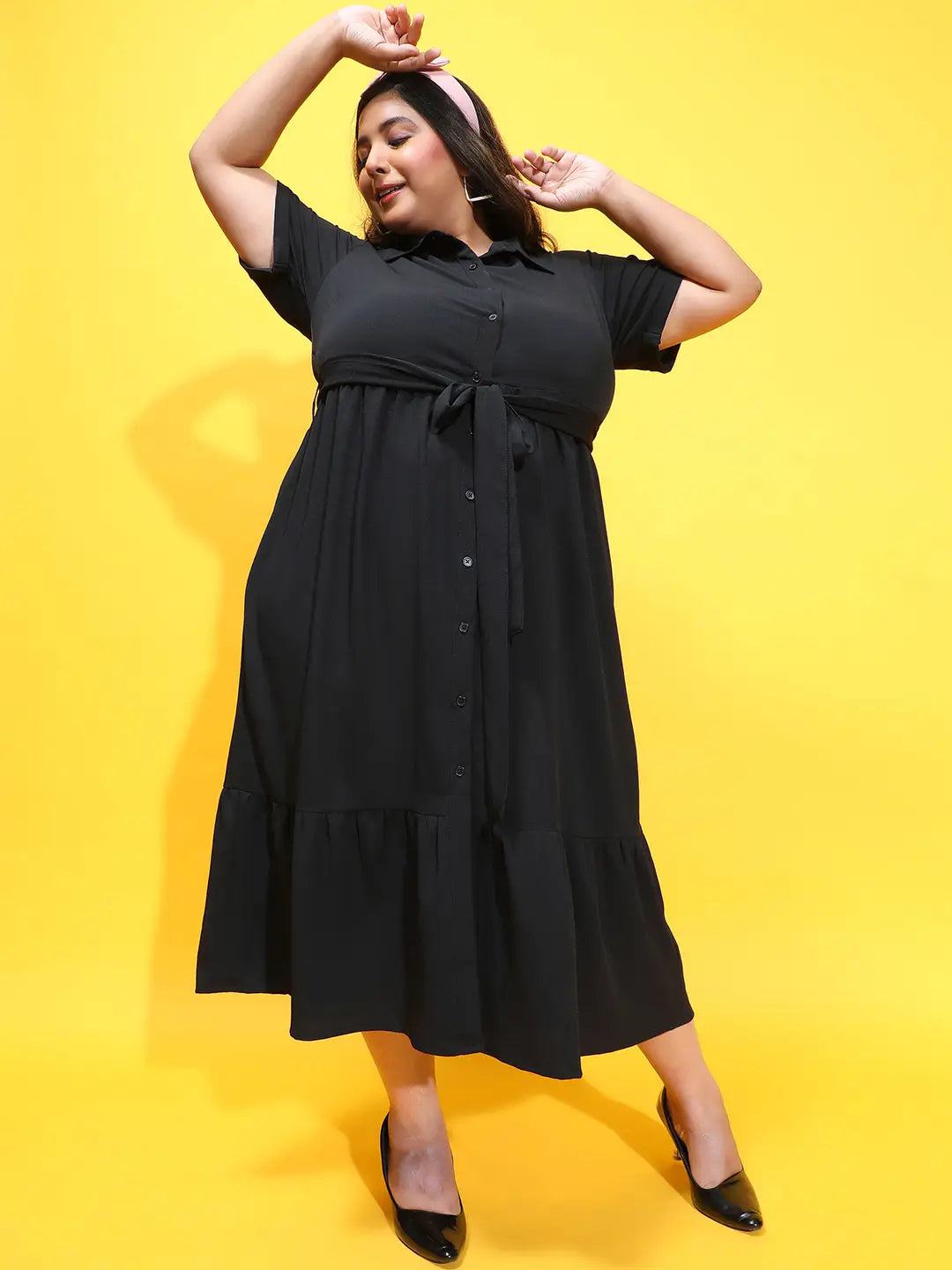 Coco Solid Black Button Down Plus Size Dress