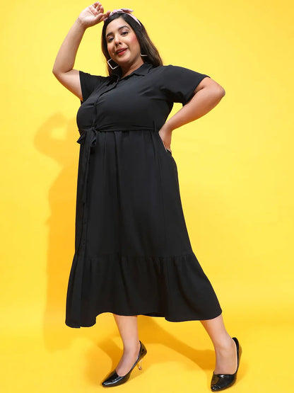 Coco Solid Black Button Down Plus Size Dress