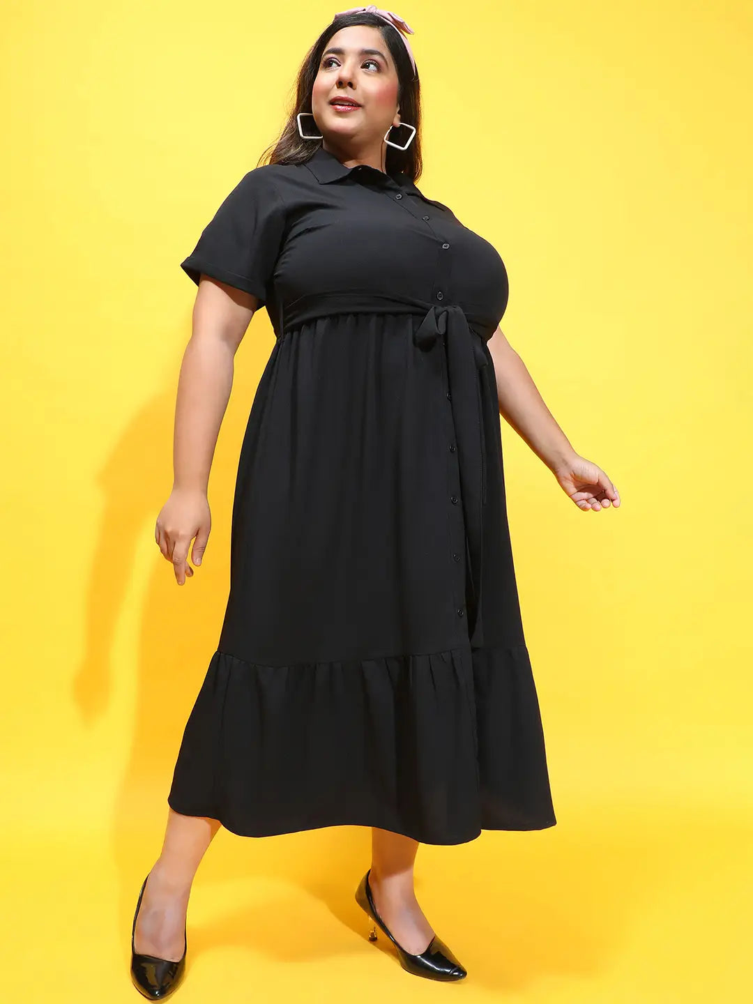 Coco Solid Black Button Down Plus Size Dress