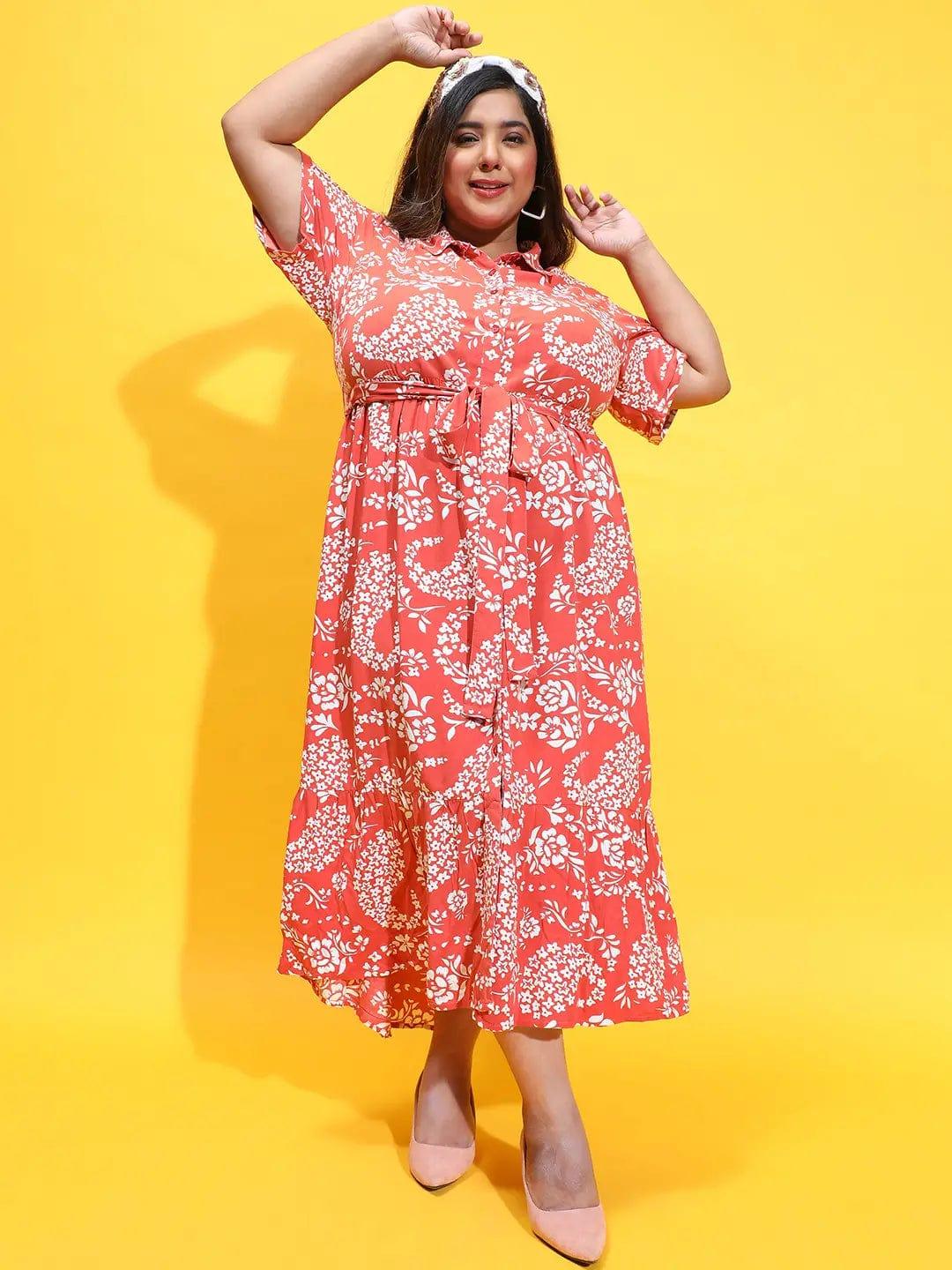 Glam Rust Floral Print Button Down Plus Size Curvy Dress