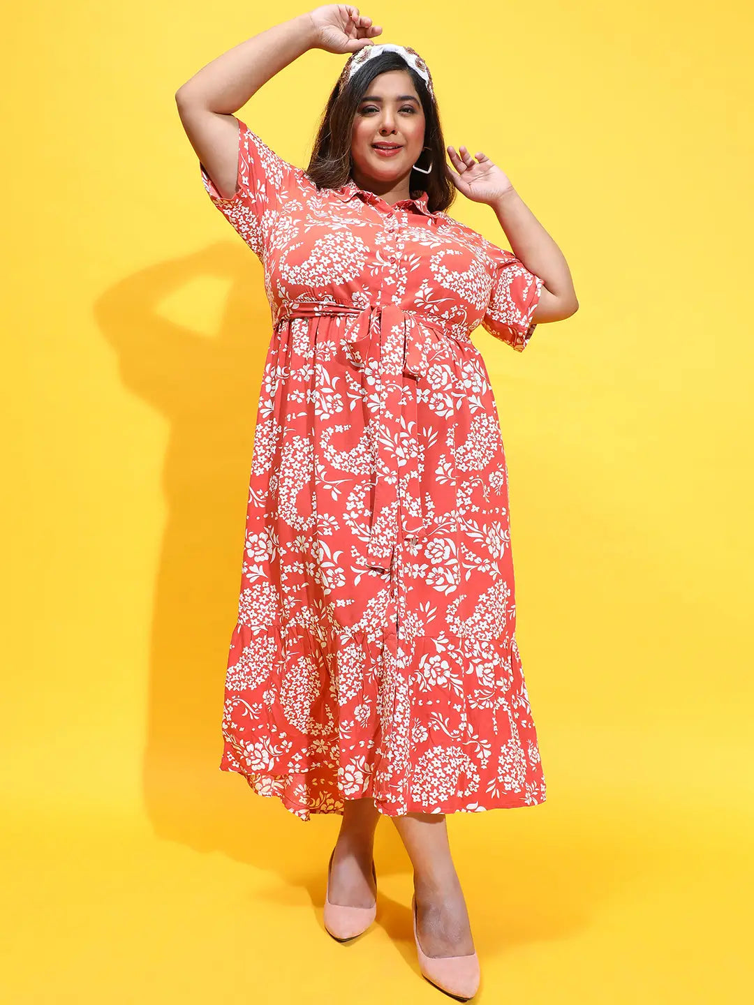 Glam Rust Floral Print Button Down Plus Size Dress