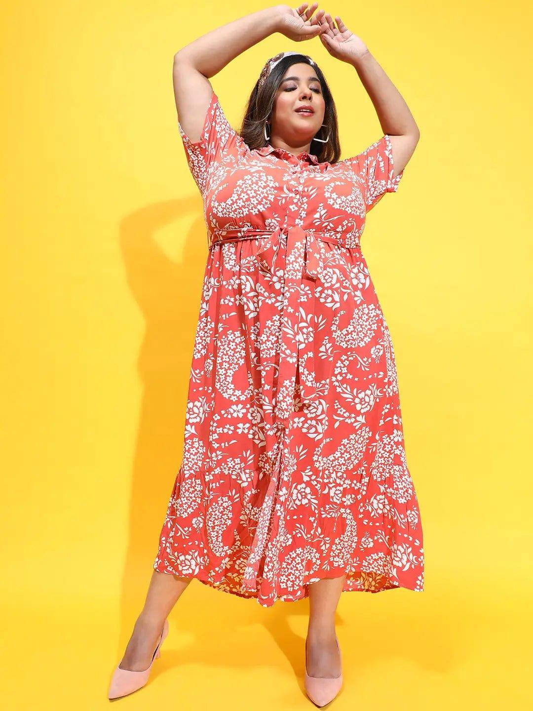 Glam Rust Floral Print Button Down Plus Size Curvy Dress