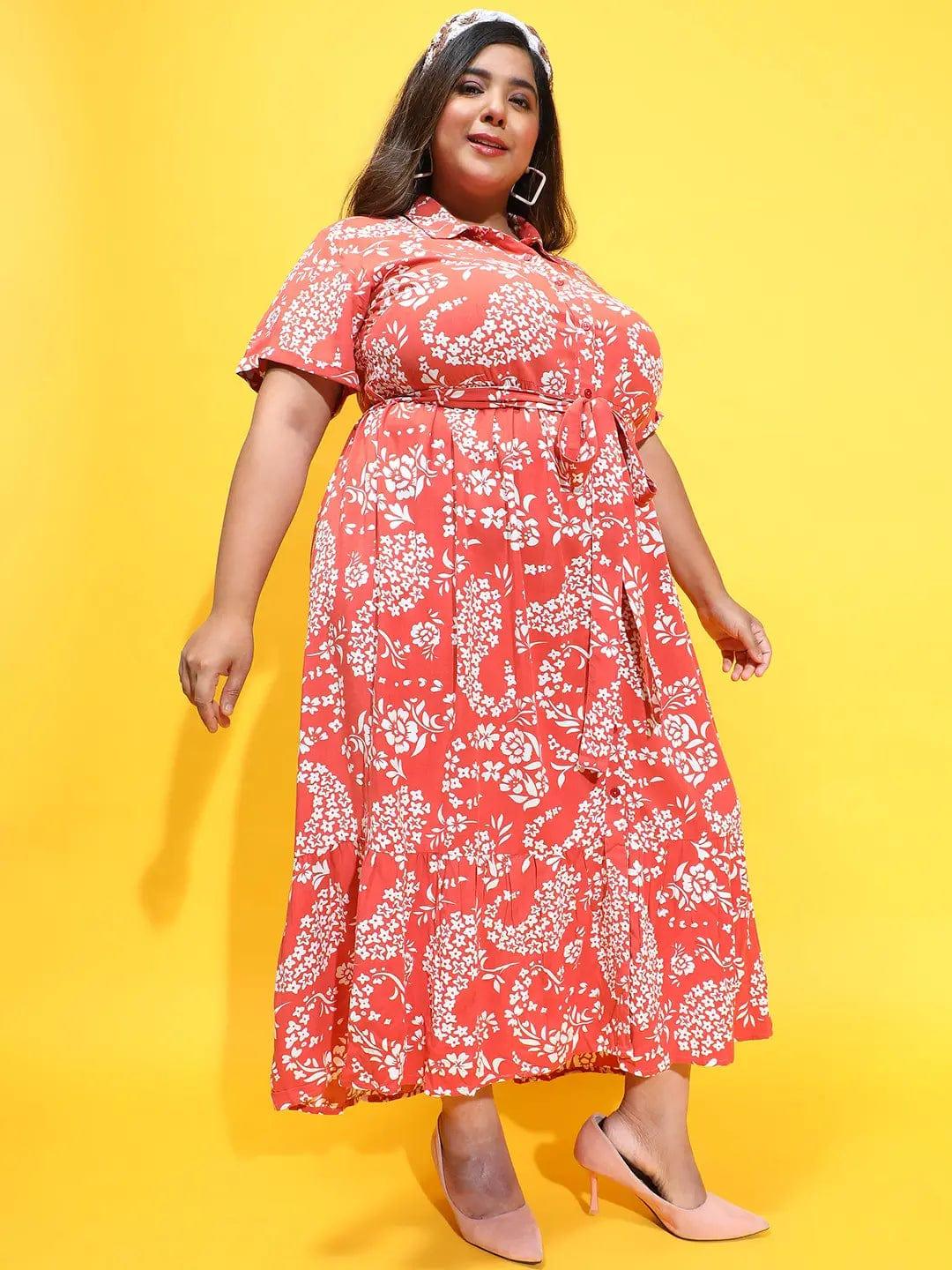 Glam Rust Floral Print Button Down Plus Size Curvy Dress