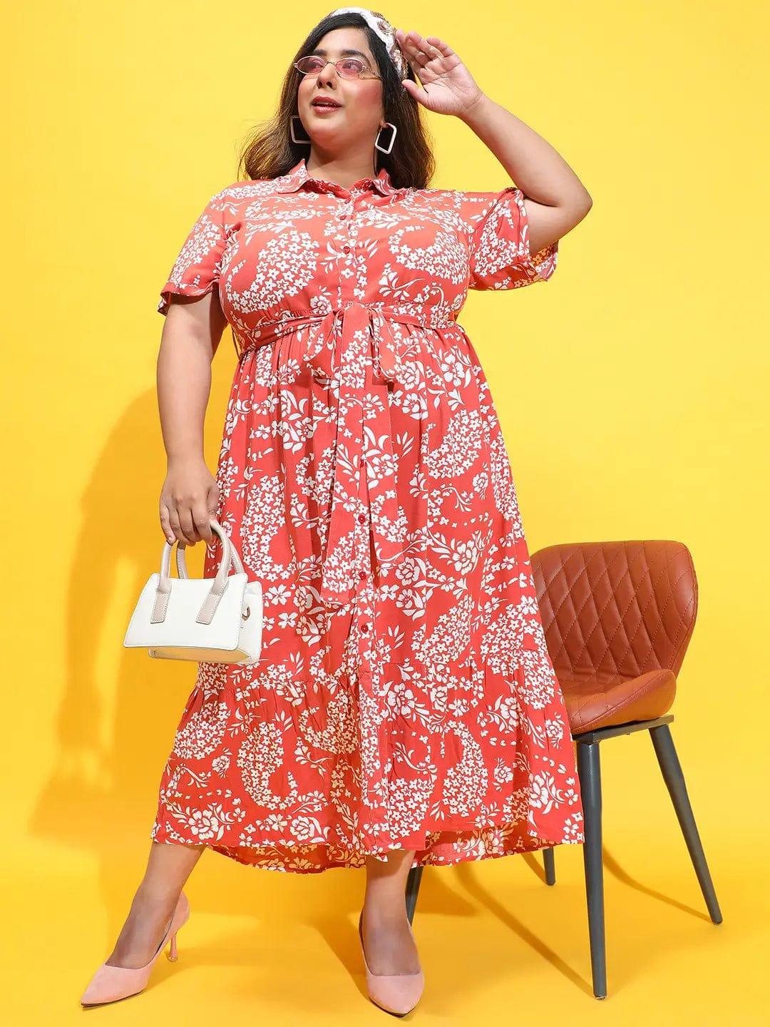 Glam Rust Floral Print Button Down Plus Size Curvy Dress