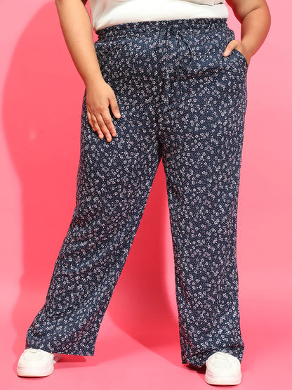 Navy Blue Floral Print Elasticated Waist Plus Size Pant