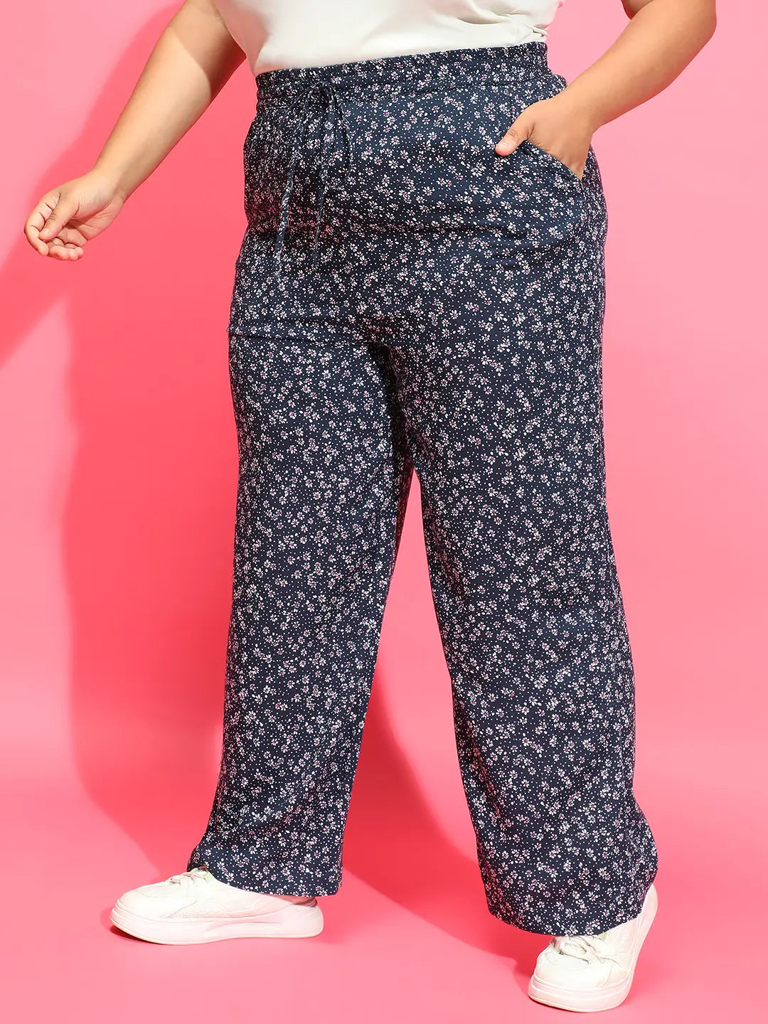 Navy Blue Floral Print Elasticated Waist Plus Size Pant