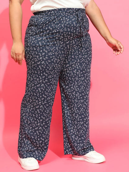 Navy Blue Floral Print Elasticated Waist Plus Size Pant