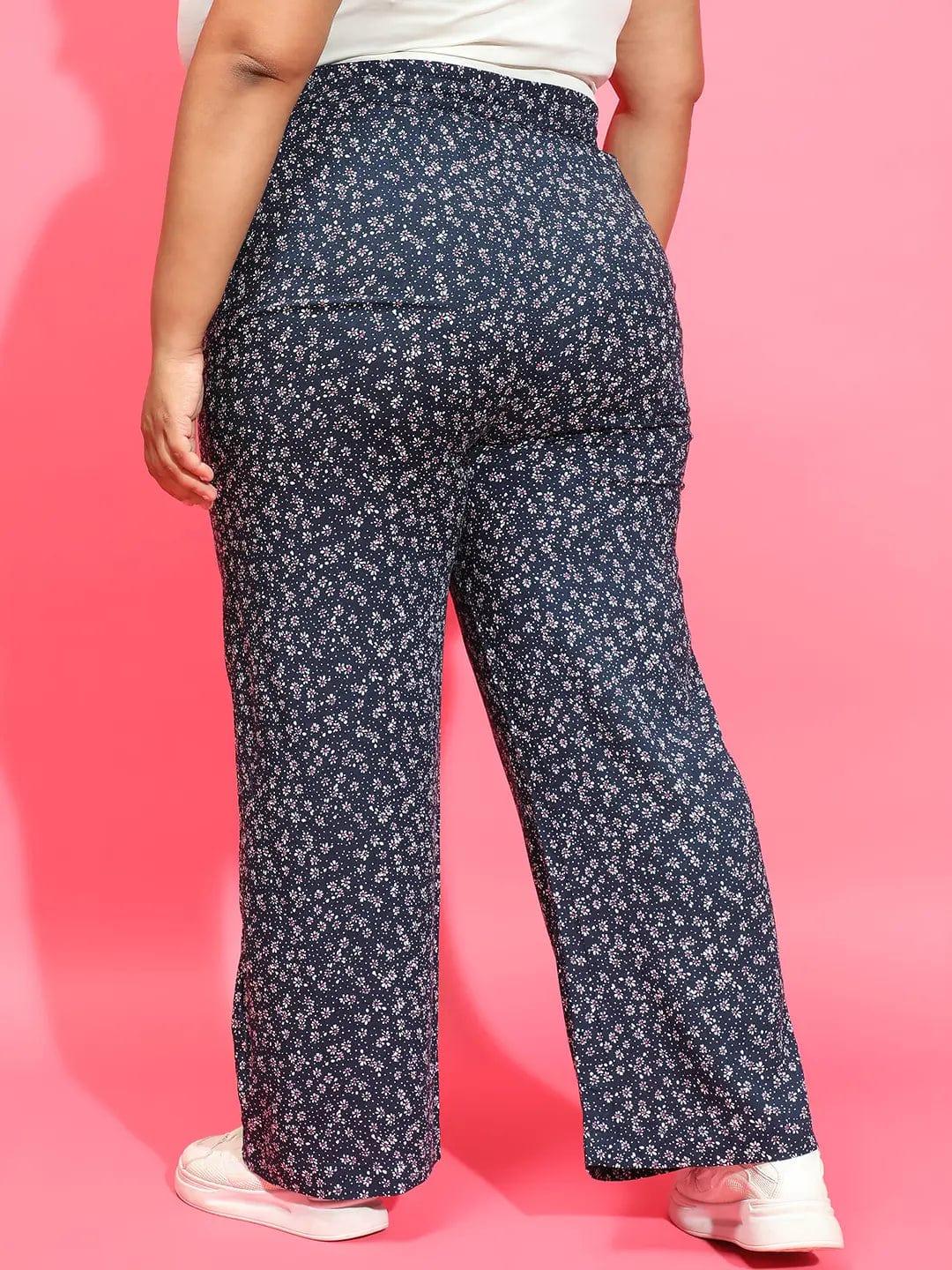 Navy Blue Floral Print Elasticated Waist Plus Size Pant