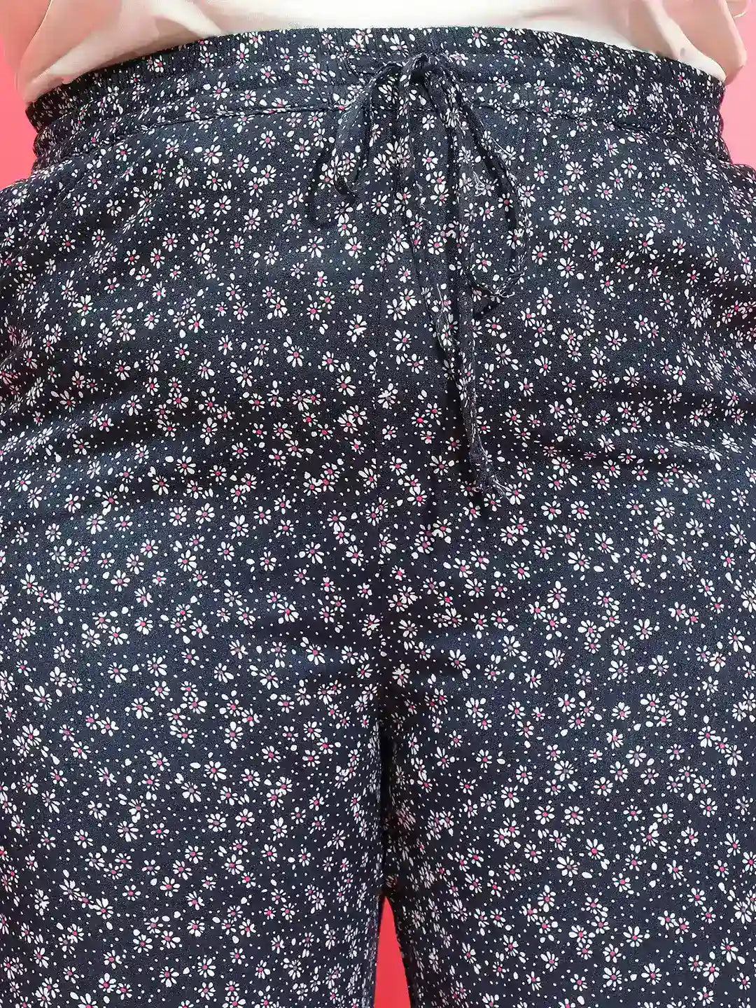 Navy Blue Floral Print Elasticated Waist Plus Size Pant