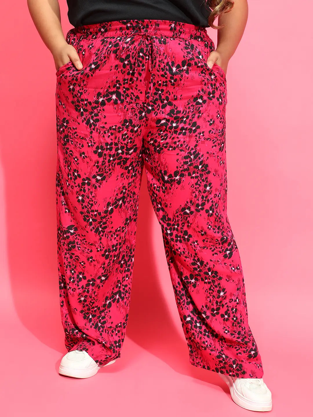 Power Pink Floral Print Tie-Knot Plus Size Pant