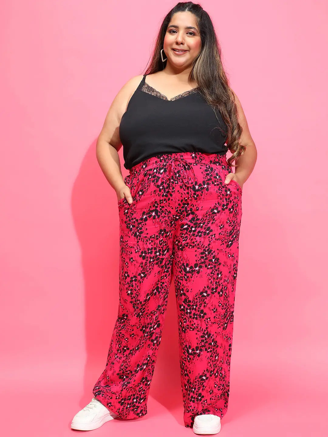 Power Pink Floral Print Tie-Knot Plus Size Pant