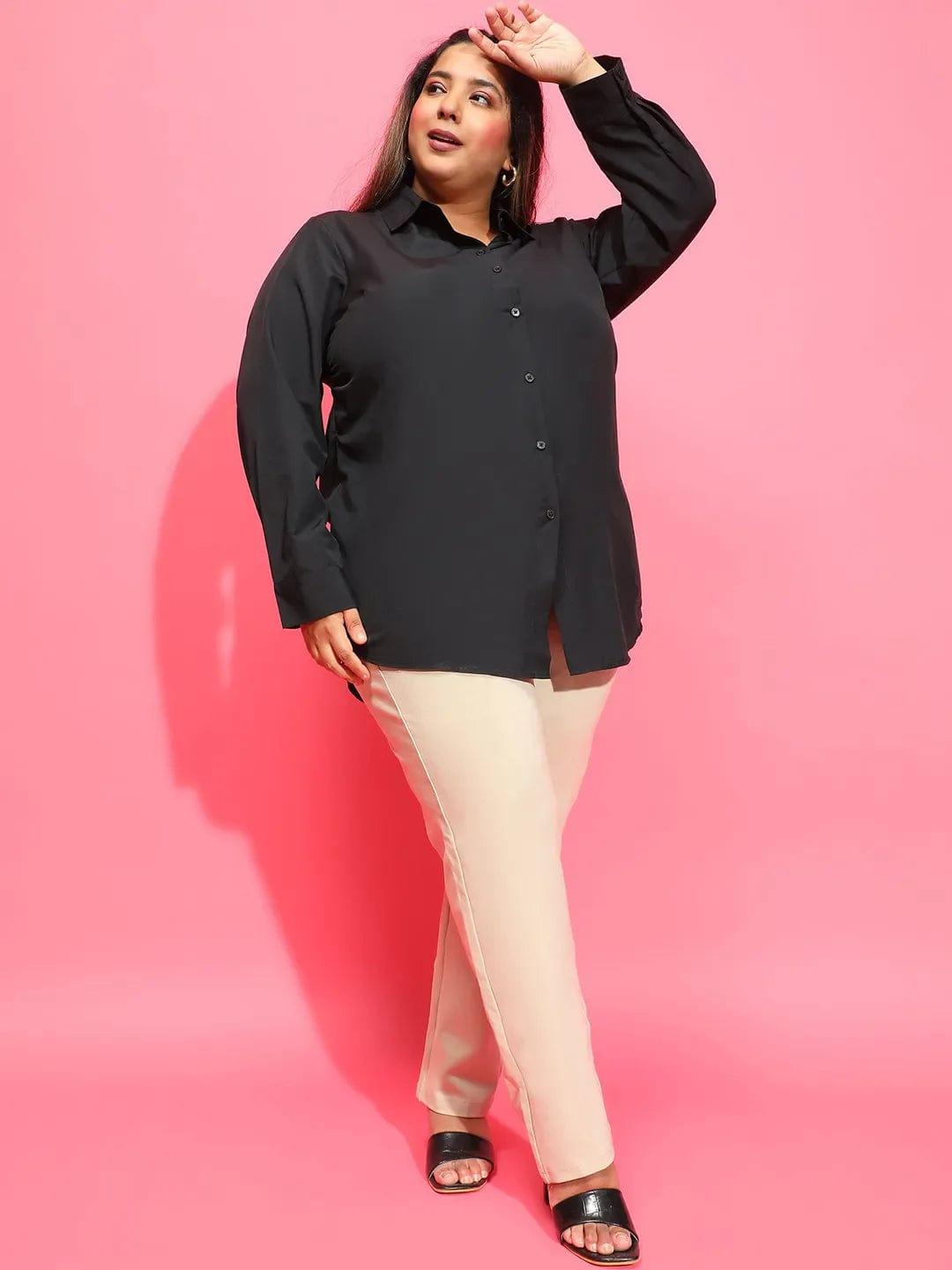 Mad Black Long Sleeve Collared Plus Size Women Cotton Shirt