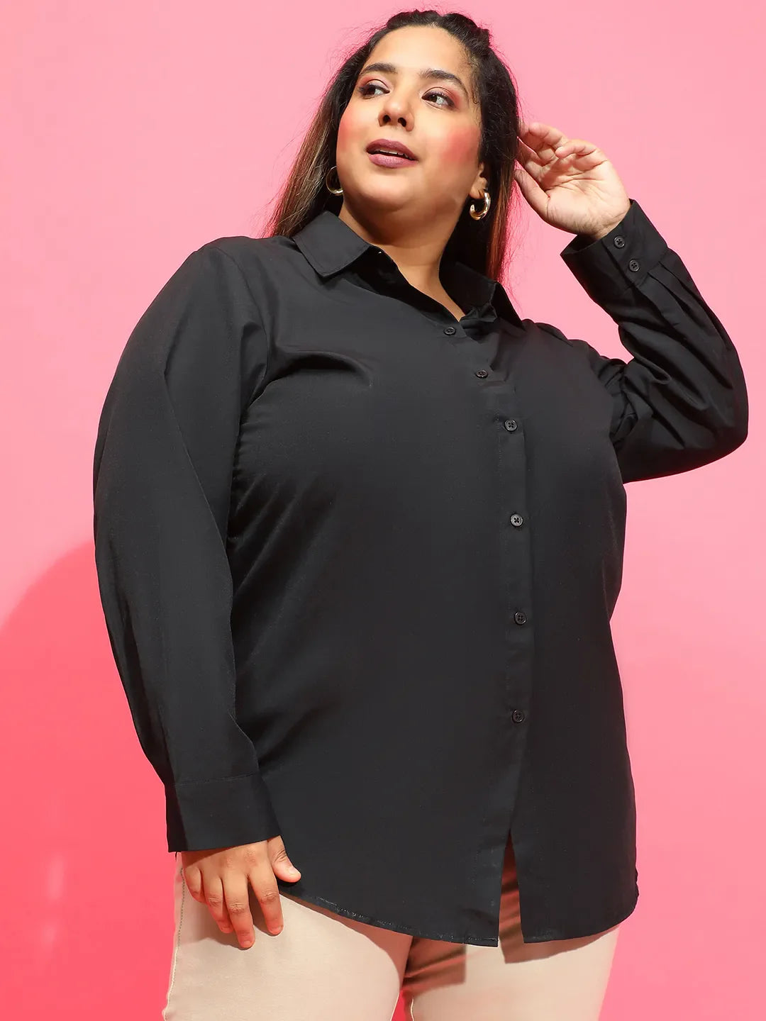 Mad Black Long Sleeve Collared Plus Size Women Cotton Shirt