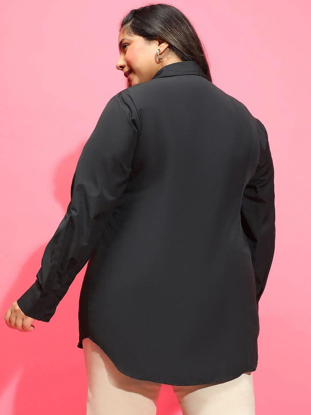 Mad Black Long Sleeve Collared Plus Size Women Cotton Shirt