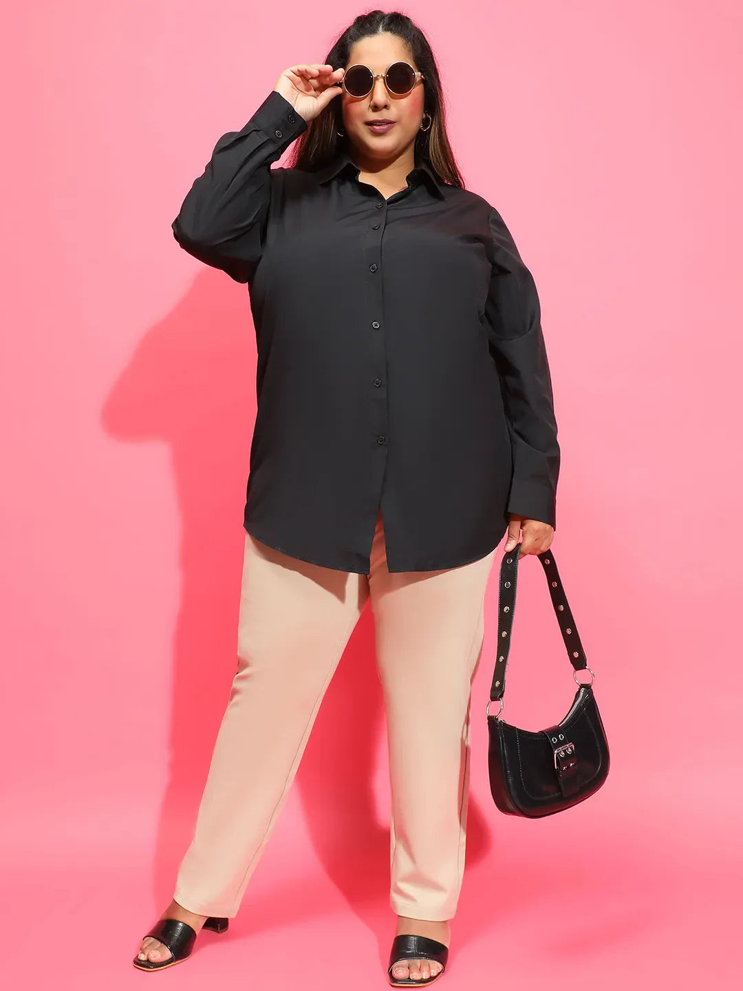 Mad Black Long Sleeve Collared Plus Size Women Cotton Shirt