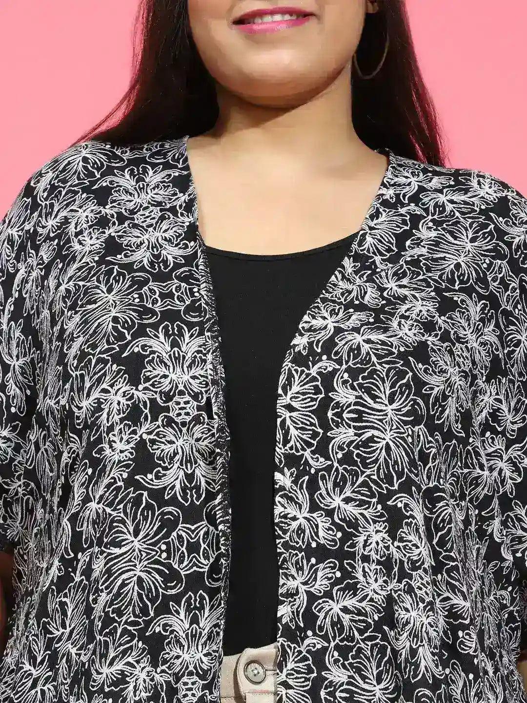 Quaint Black Lace Detailed Floral Print Plus Size Snaky Shrug