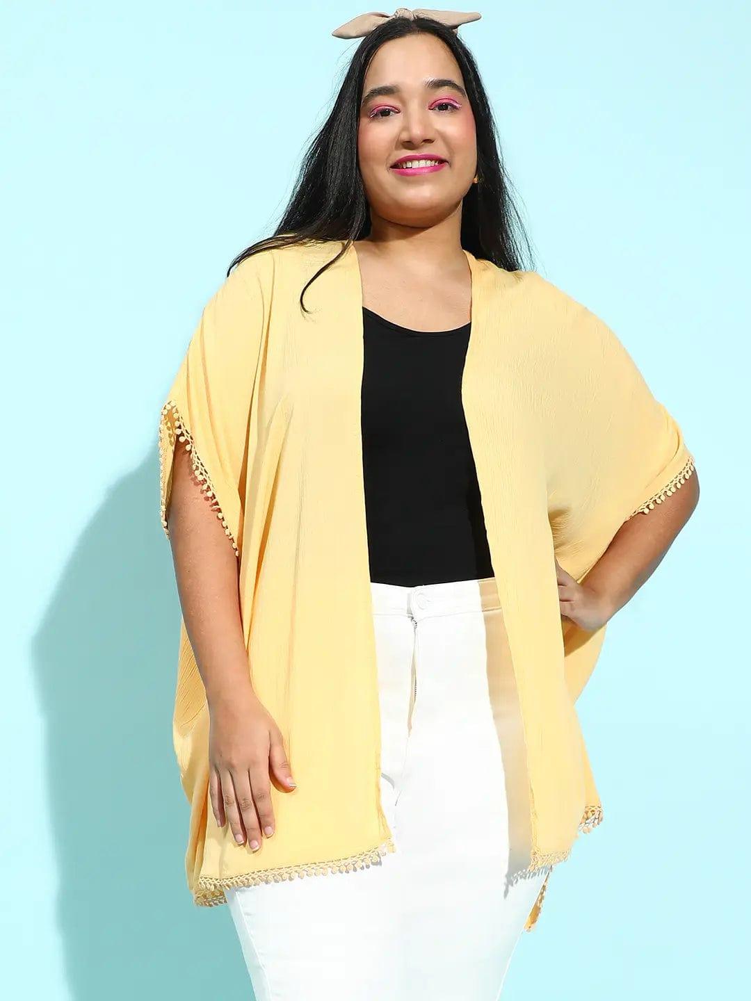 Wholesome Yellow Lace Detailed Plus Size Snaky Shrug