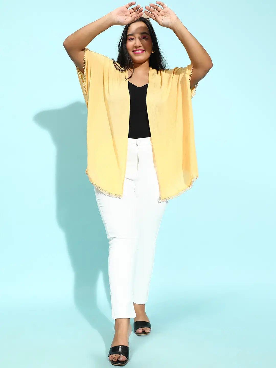 Wholesome Yellow Lace Detailed Plus Size Snaky Shrug