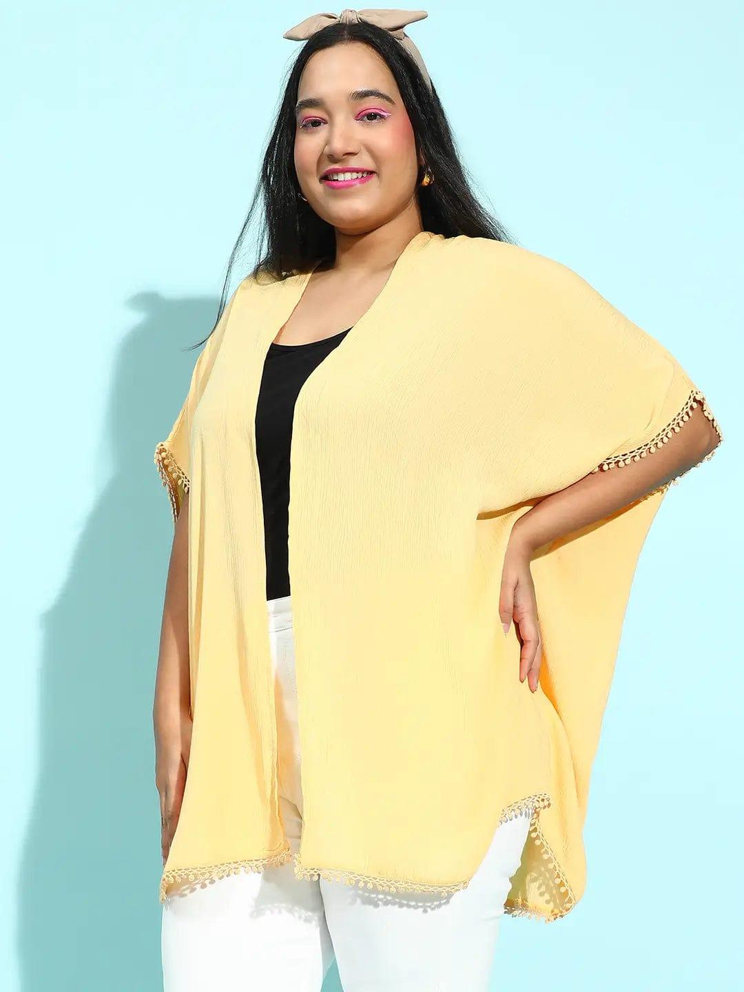 Wholesome Yellow Lace Detailed Plus Size Snaky Shrug