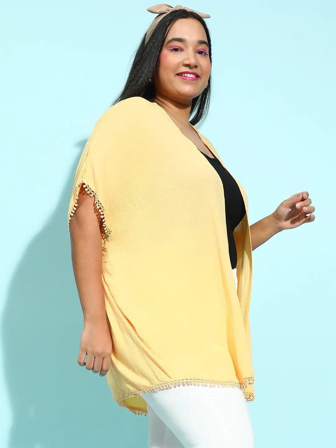 Wholesome Yellow Lace Detailed Plus Size Snaky Shrug