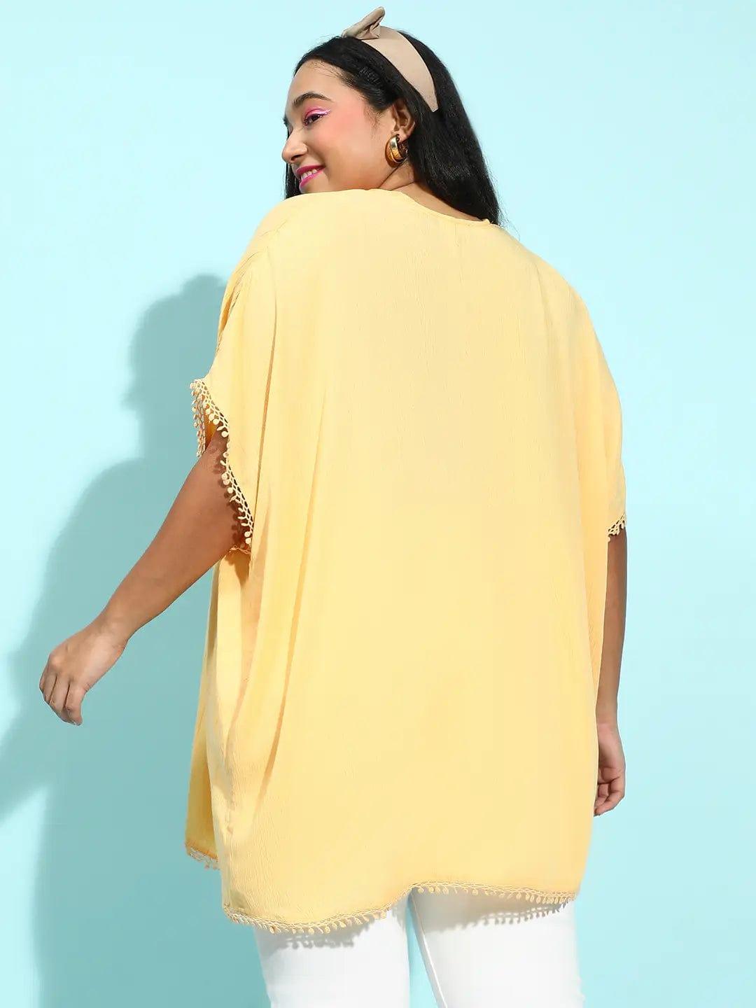 Wholesome Yellow Lace Detailed Plus Size Snaky Shrug