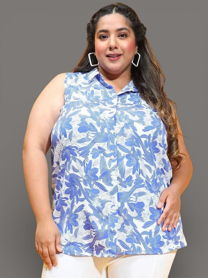 Plus Size Blue Floral Print Shirt