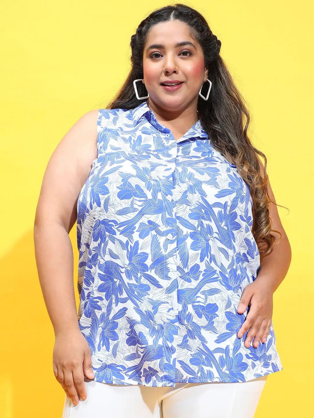 Crazy Blue Floral Print Button-Down Plus Size Shirt