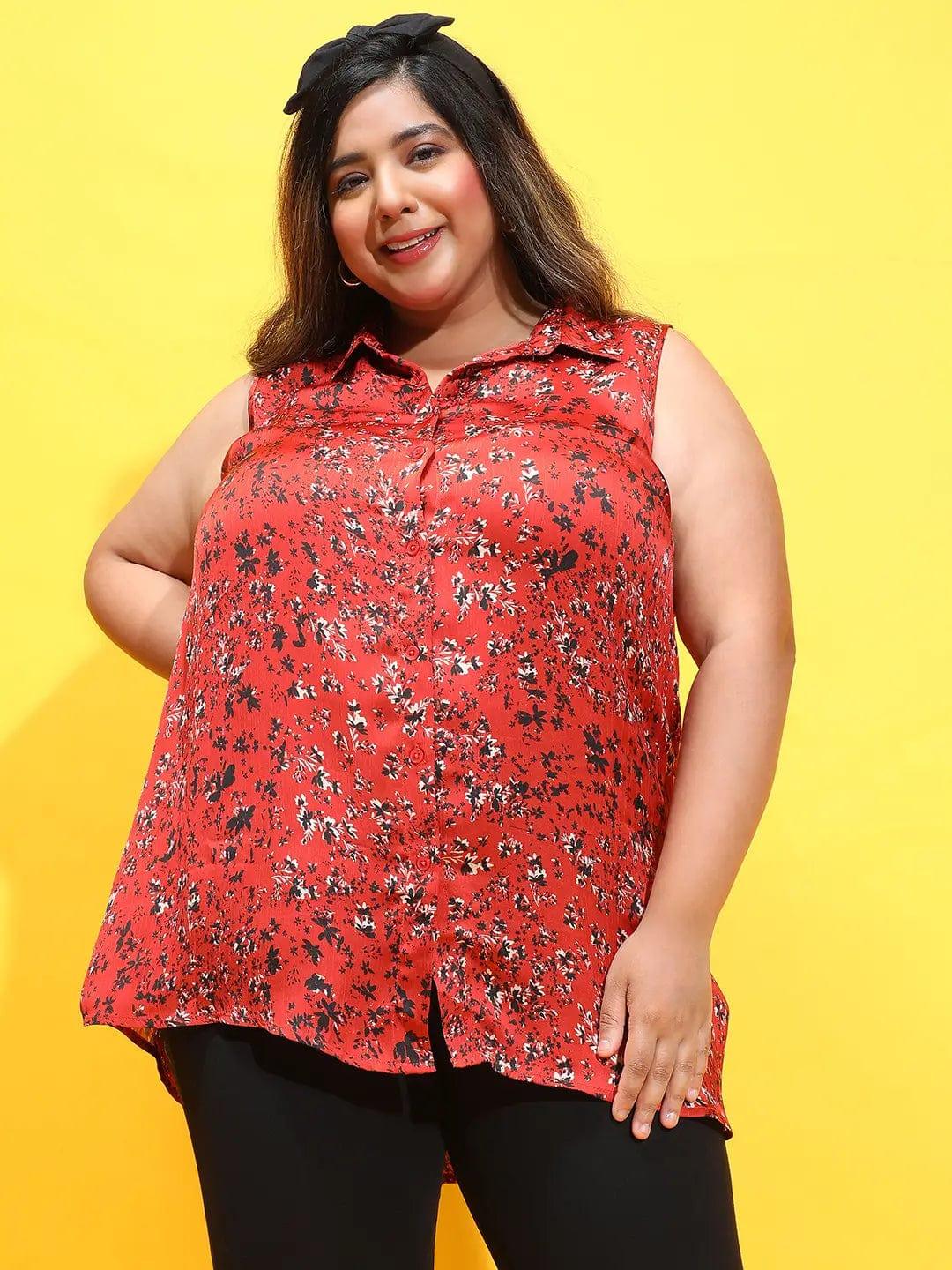 Misty Maroon Floral Print Button-Down Plus Size Shirt