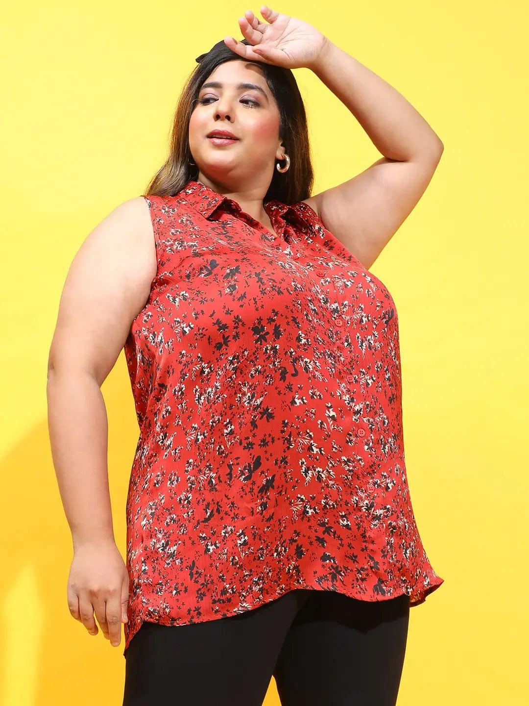 Misty Maroon Floral Print Button-Down Plus Size Shirt