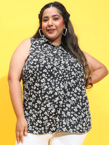 Unplugged Black Floral Print Button-Down Plus Size Shirt