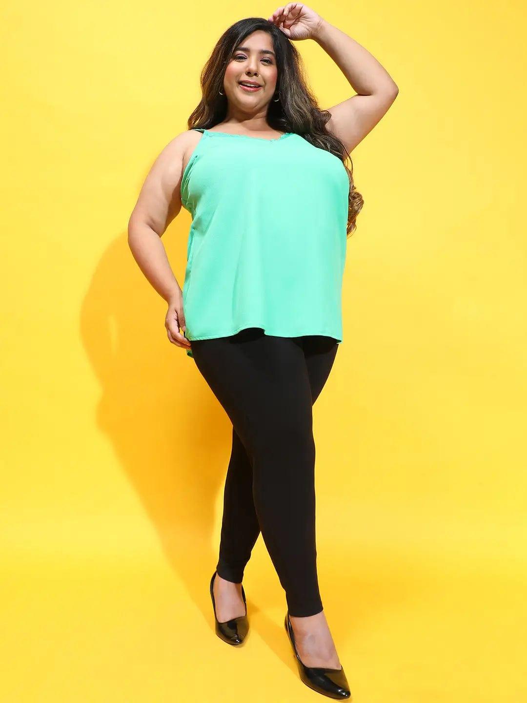 Mania Green Sleeveless Lace Detailed Plus Size Loopy Top