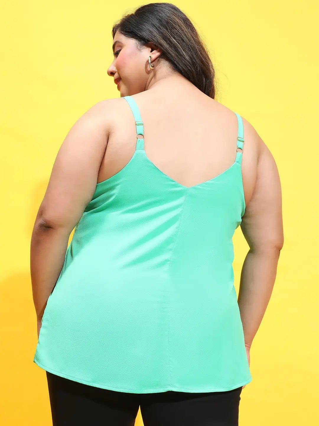 Mania Green Sleeveless Lace Detailed Plus Size Loopy Top