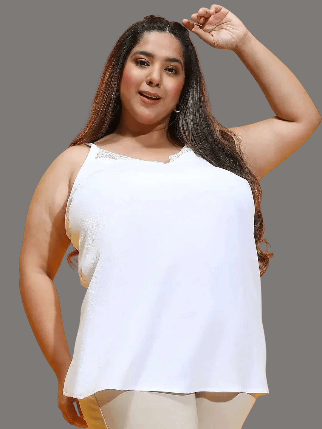 Plus Size Sleeveless Top - White Lace Detailed Loopy Style Lightweight Blouse