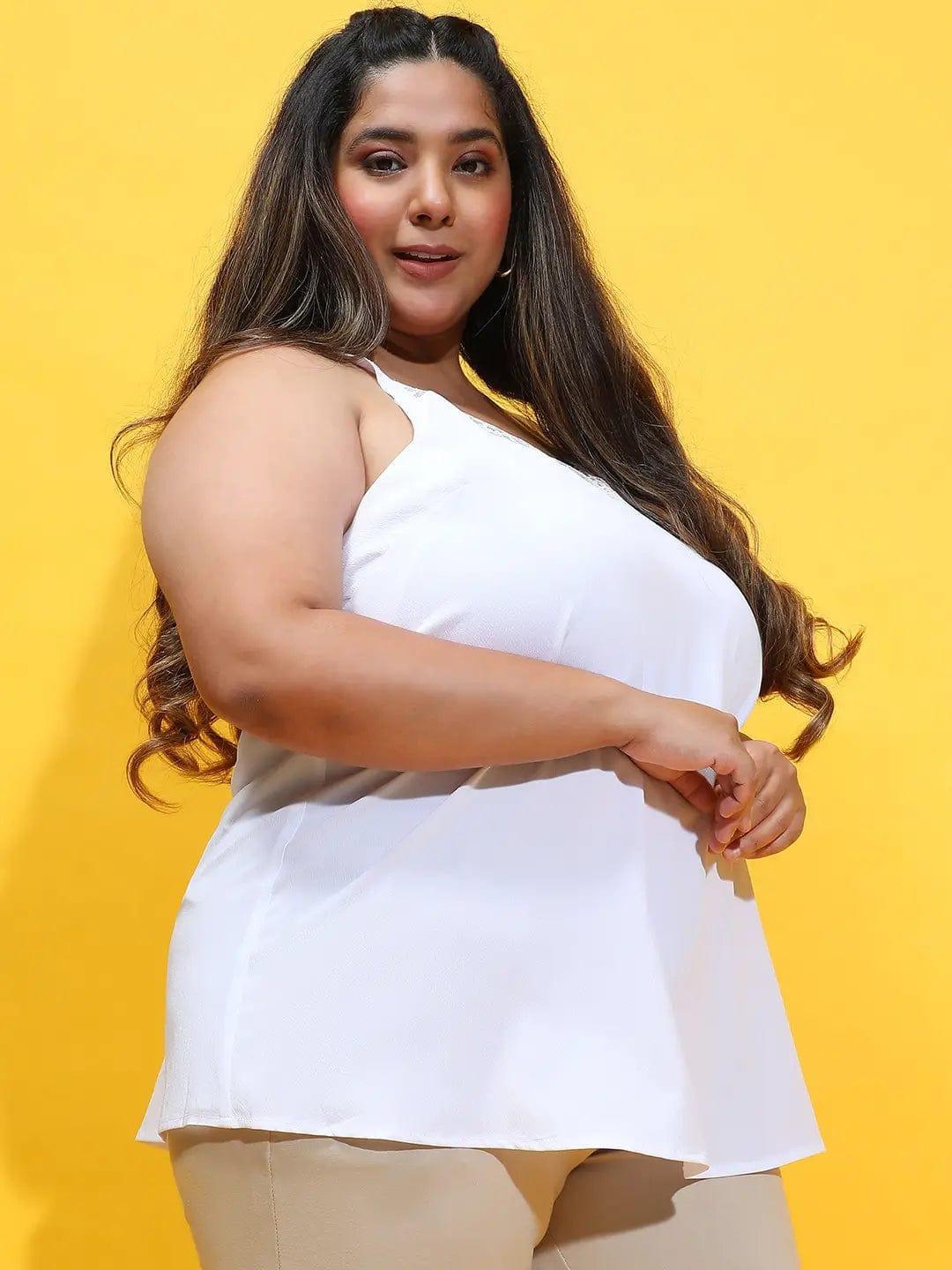 Sweet White Sleeveless Lace Detailed Plus Size Loopy Top - oxolloxo