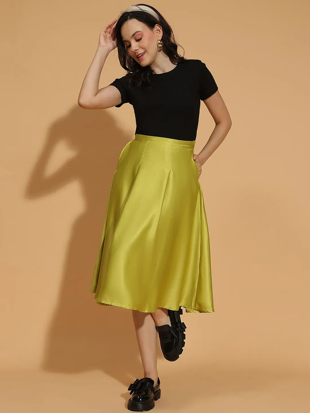 Blockbuster Green Elasticated Women Satin Skirt