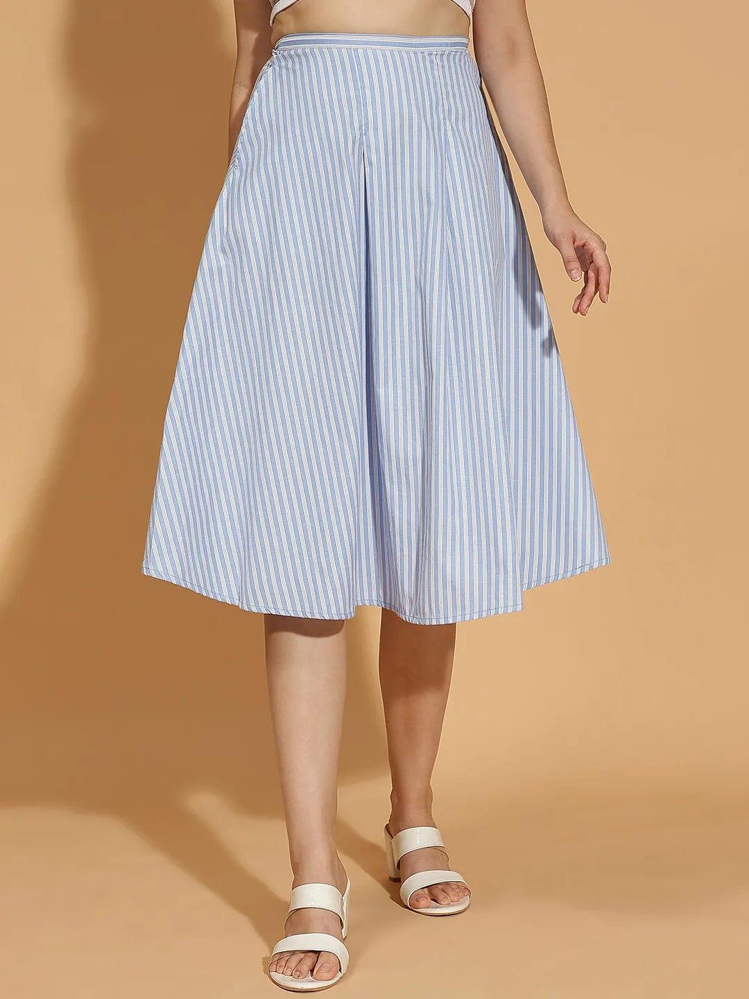 Playful Blue Stripe Print Elasticated Wome Cotton Skirt