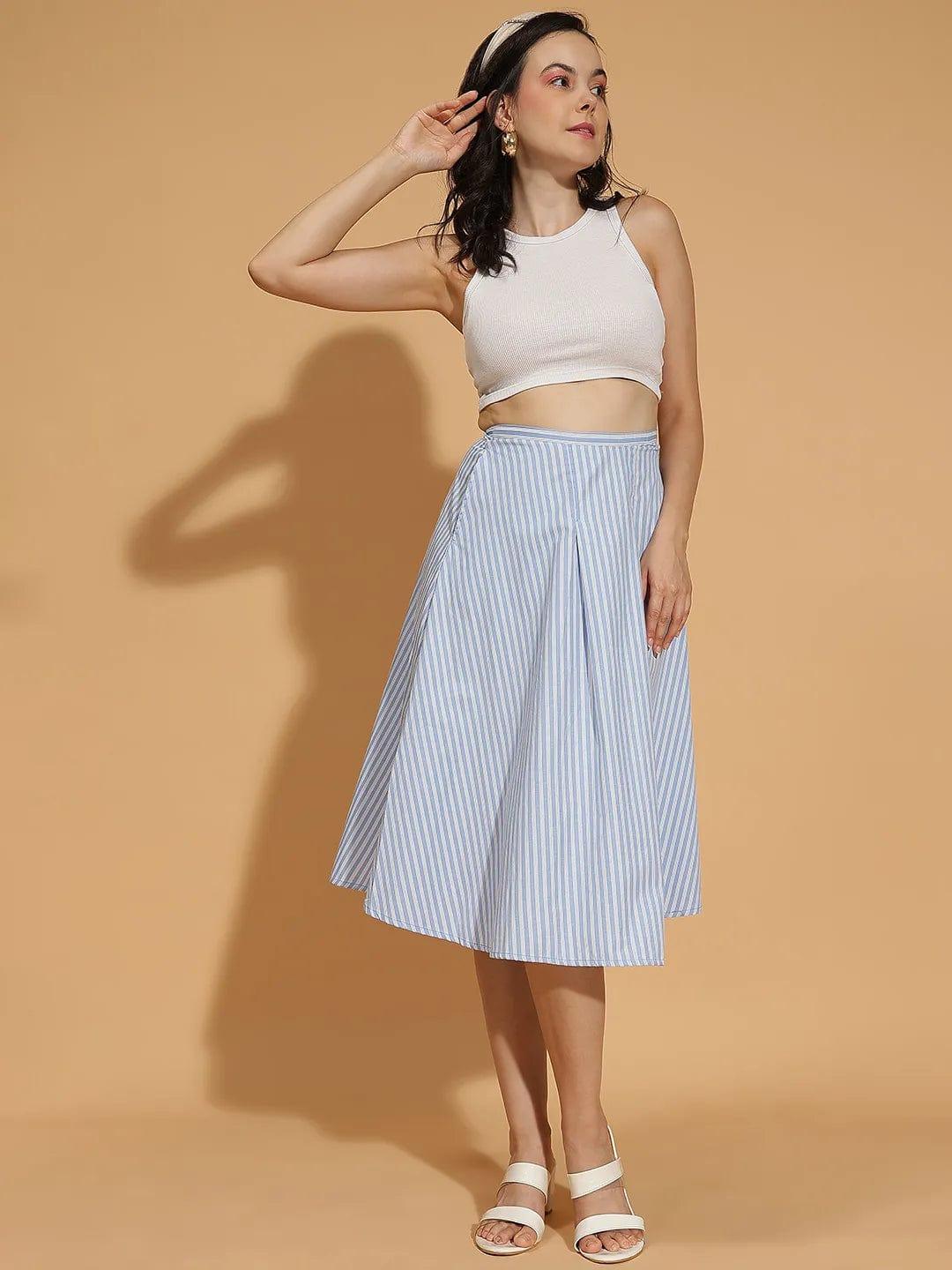 Playful Blue Stripe Print Elasticated Wome Cotton Skirt