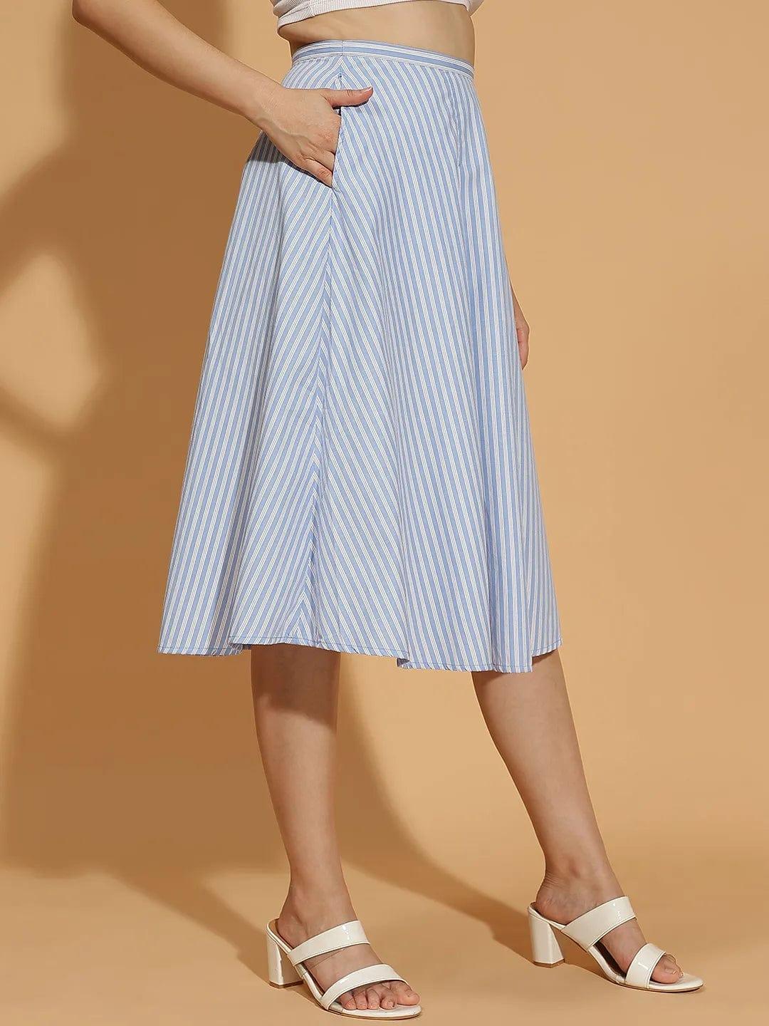 Playful Blue Stripe Print Elasticated Wome Cotton Skirt