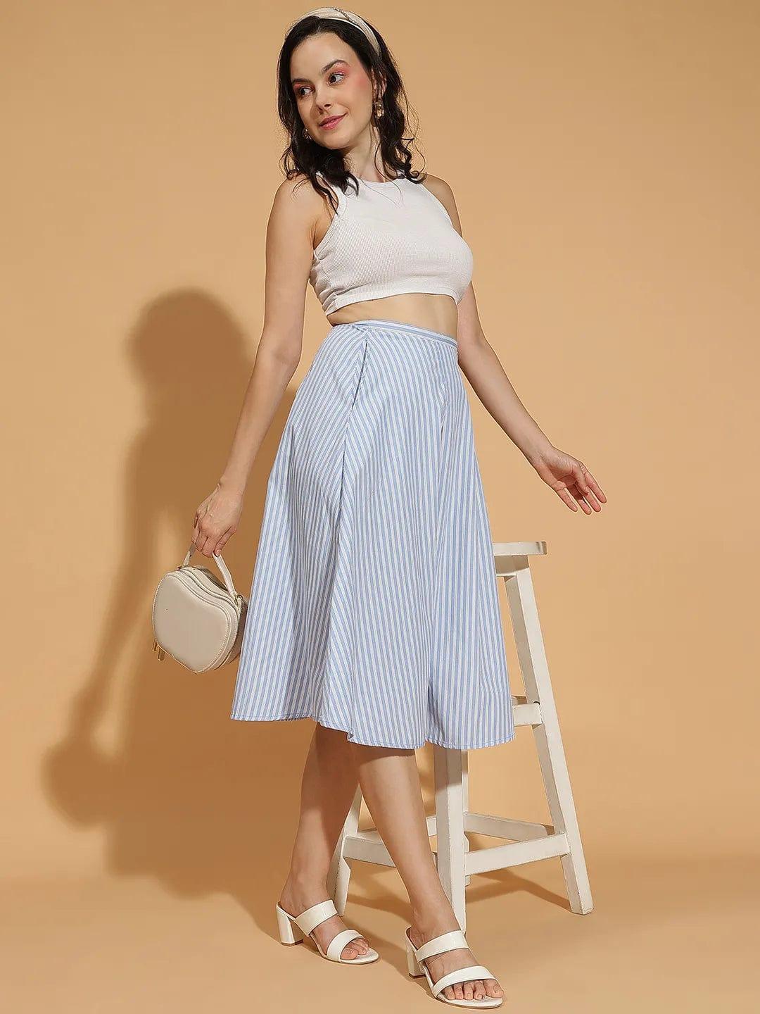 Playful Blue Stripe Print Elasticated Wome Cotton Skirt