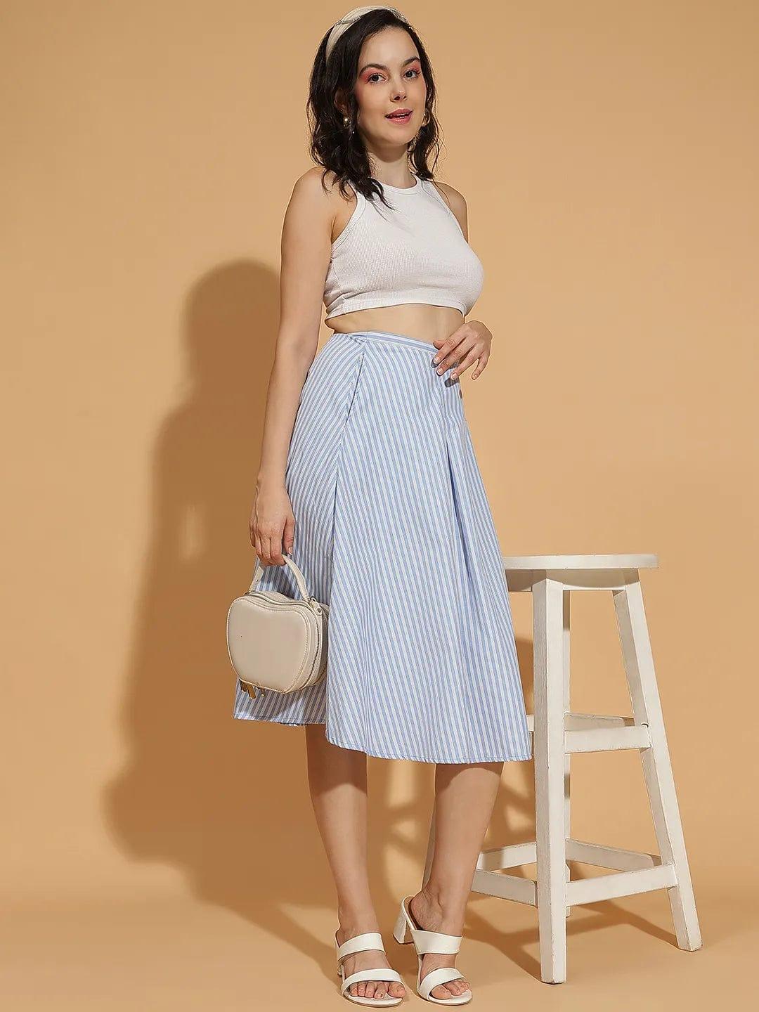 Playful Blue Stripe Print Elasticated Wome Cotton Skirt