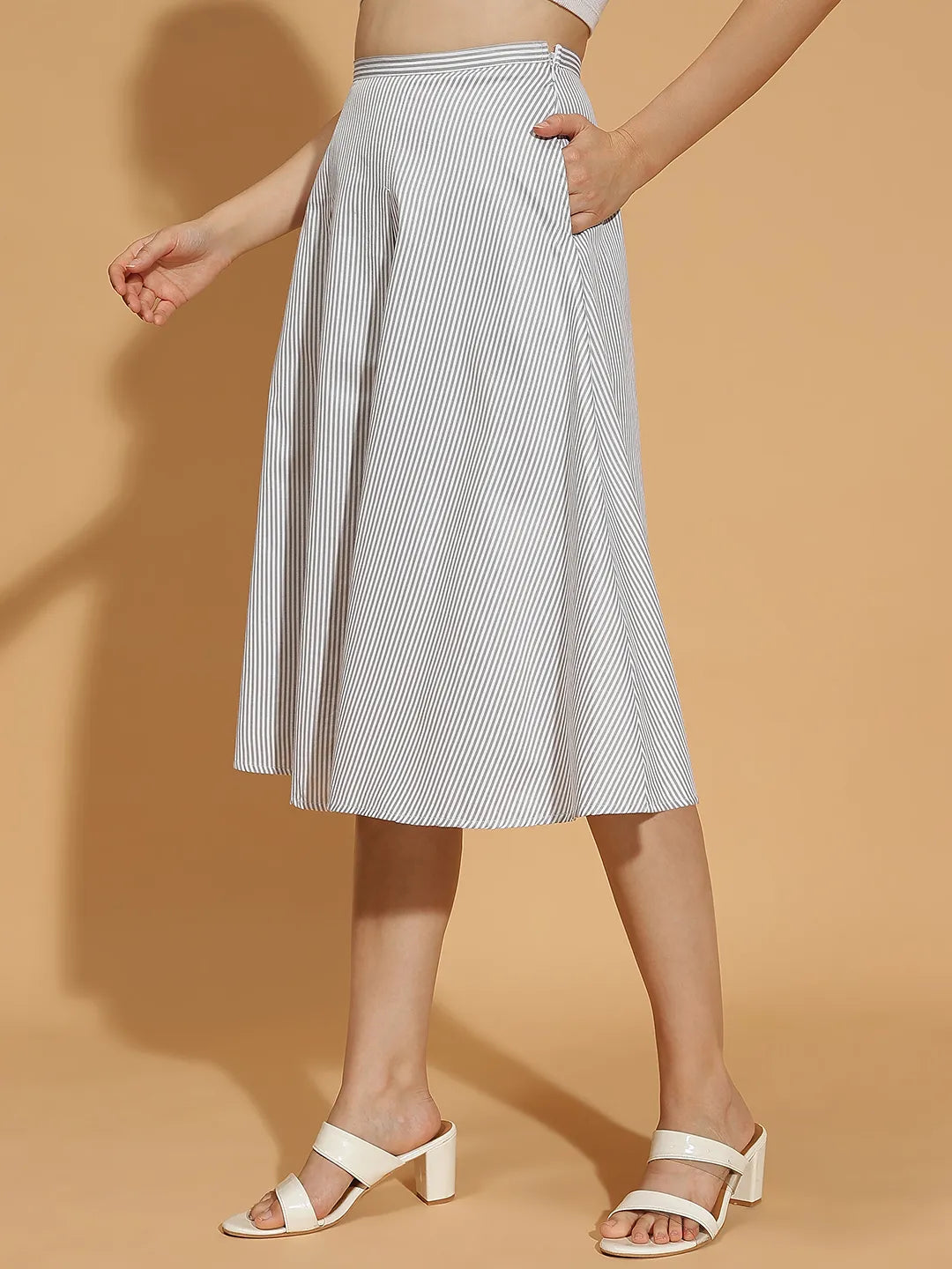 Soft Grey Stripe Print Elasticated Women’s Cotton Skirt