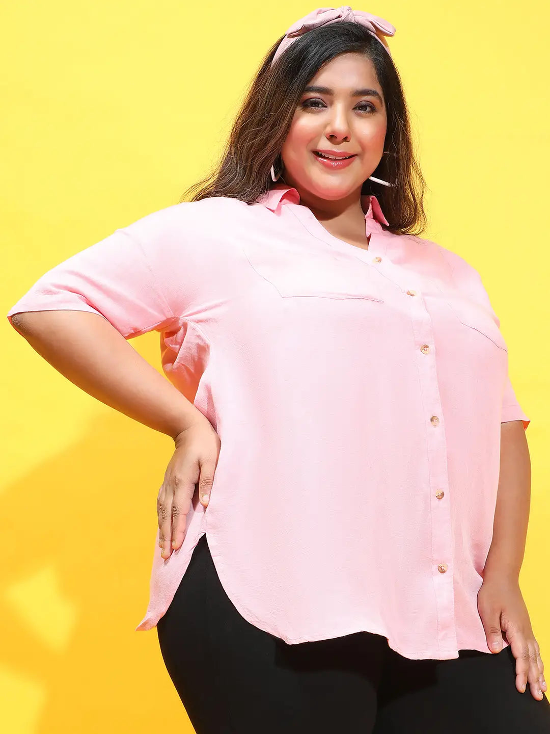 Buzzy Pink Collared Button-Down Plus Size Shirt