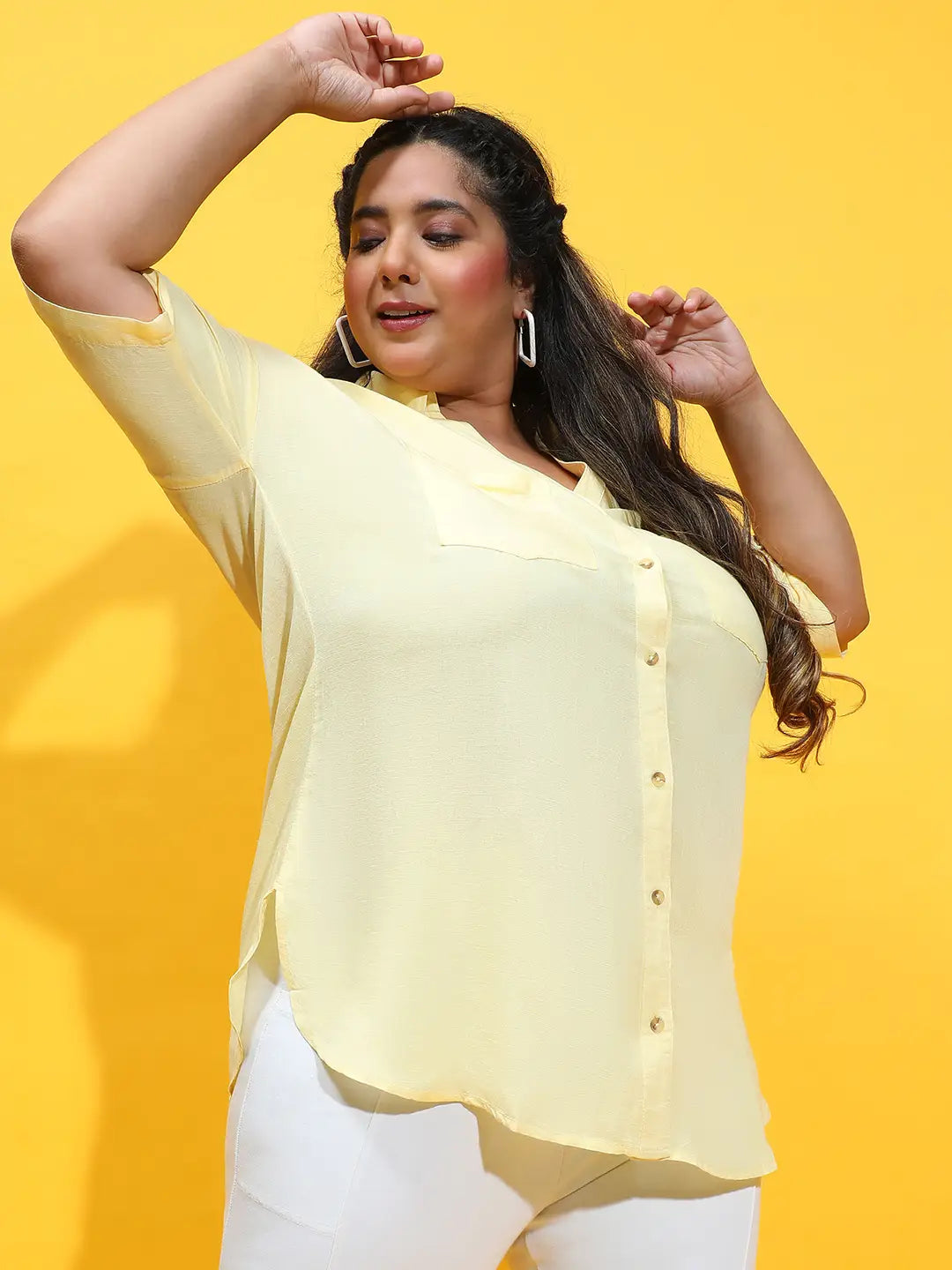 Melted Yellow Collared Button-Down Plus Size Shirt