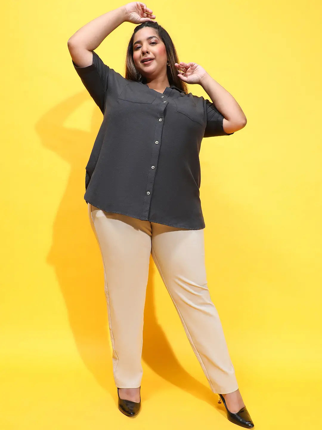 Furo Black Collared Button-Down Plus Size Shirt