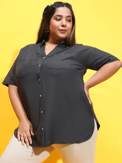 Furo Black Collared Button-Down Plus Size Shirt