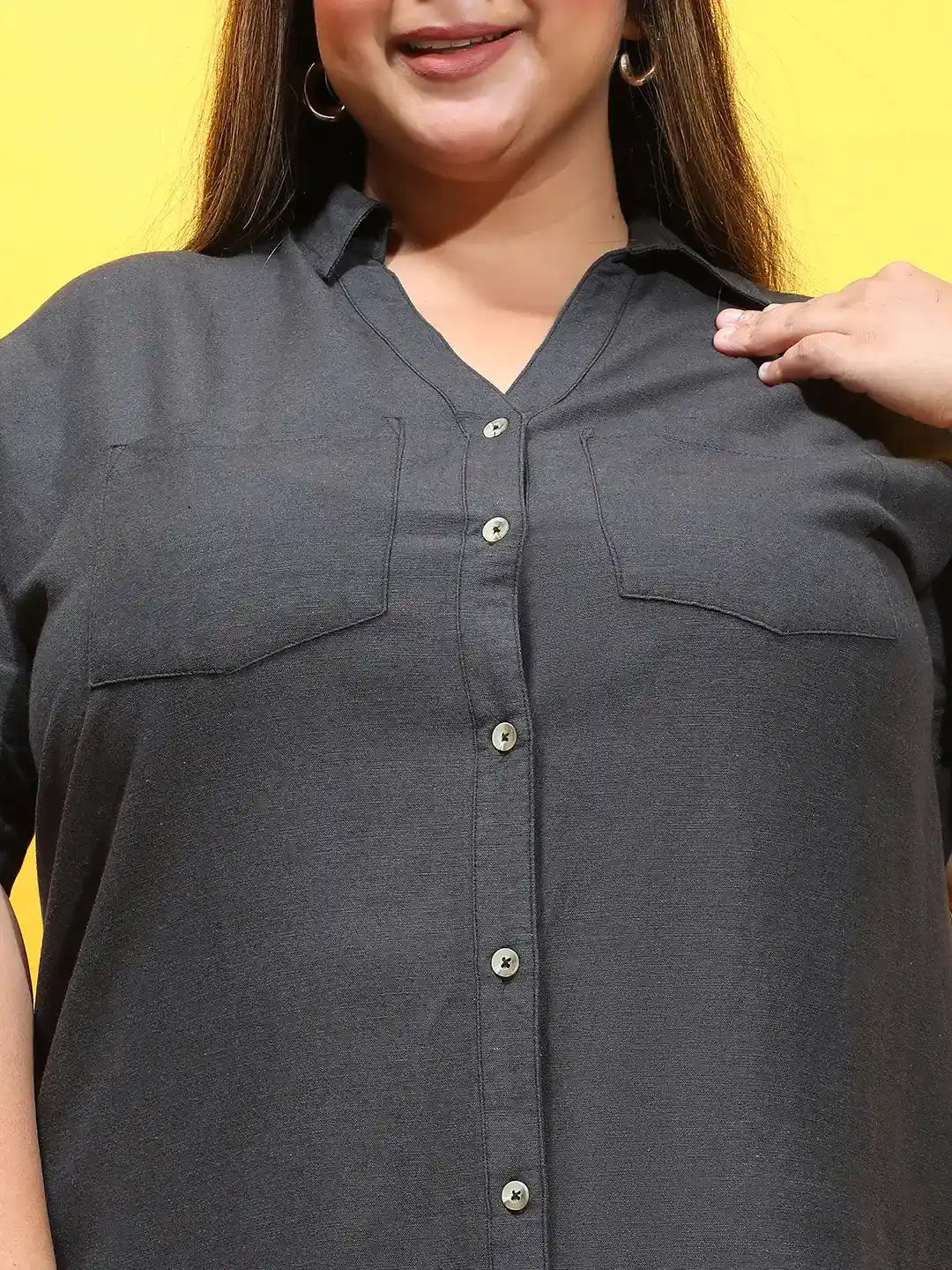 Furo Black Collared Button-Down Plus Size Shirt